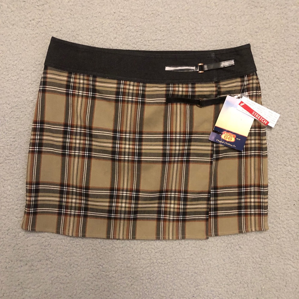 Vtg Route 66 Plaid Mini Skirt NWT Deadstock Buckle Detail Brown Tan Size 12